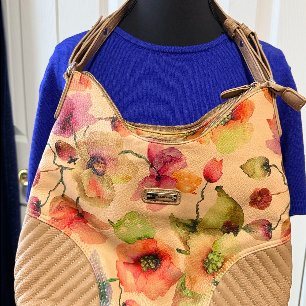 Laura Scott Floral Shoulder Bag in Tan and Multicolor